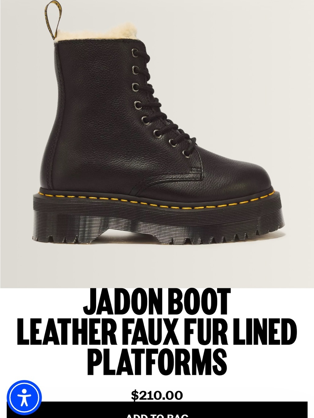 Dr. Martens Black Leather Platform Boot with Cream Faux Fur